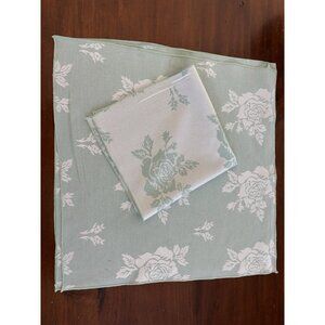 Vintage Shabby Chic Green Damask Set of 4 Dinner Napkins 17" Square Roses